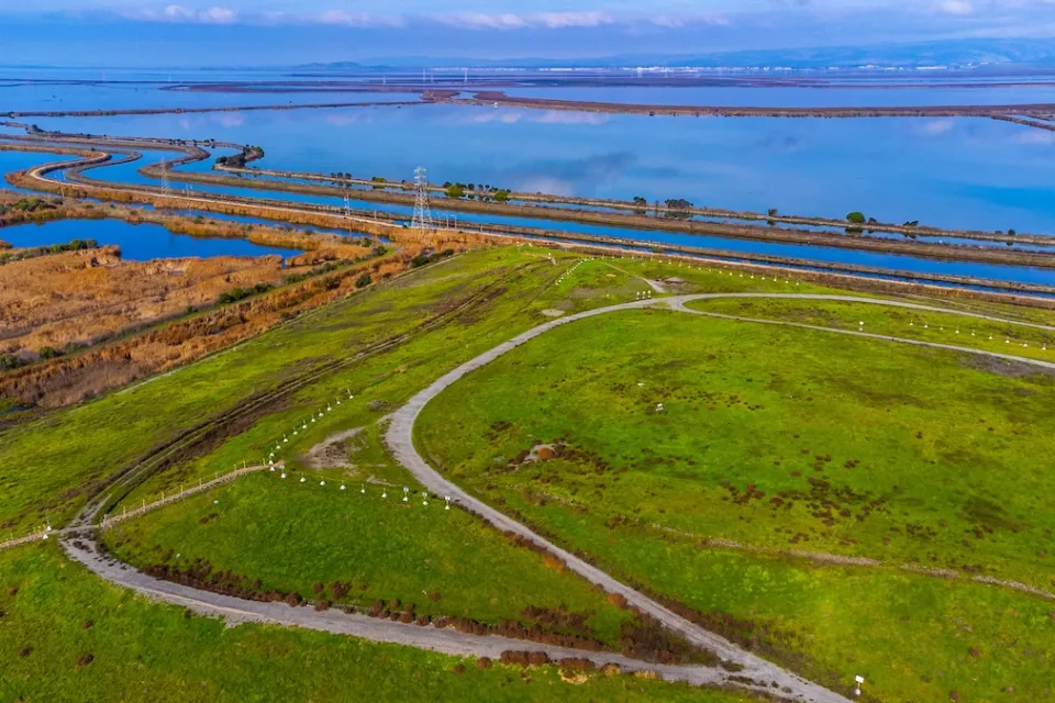 Aerial view of Sunnyvale Bay Trail on top of former landfill. Scenic view of San Francisco Bay with levees, salt marshes and sloughs.